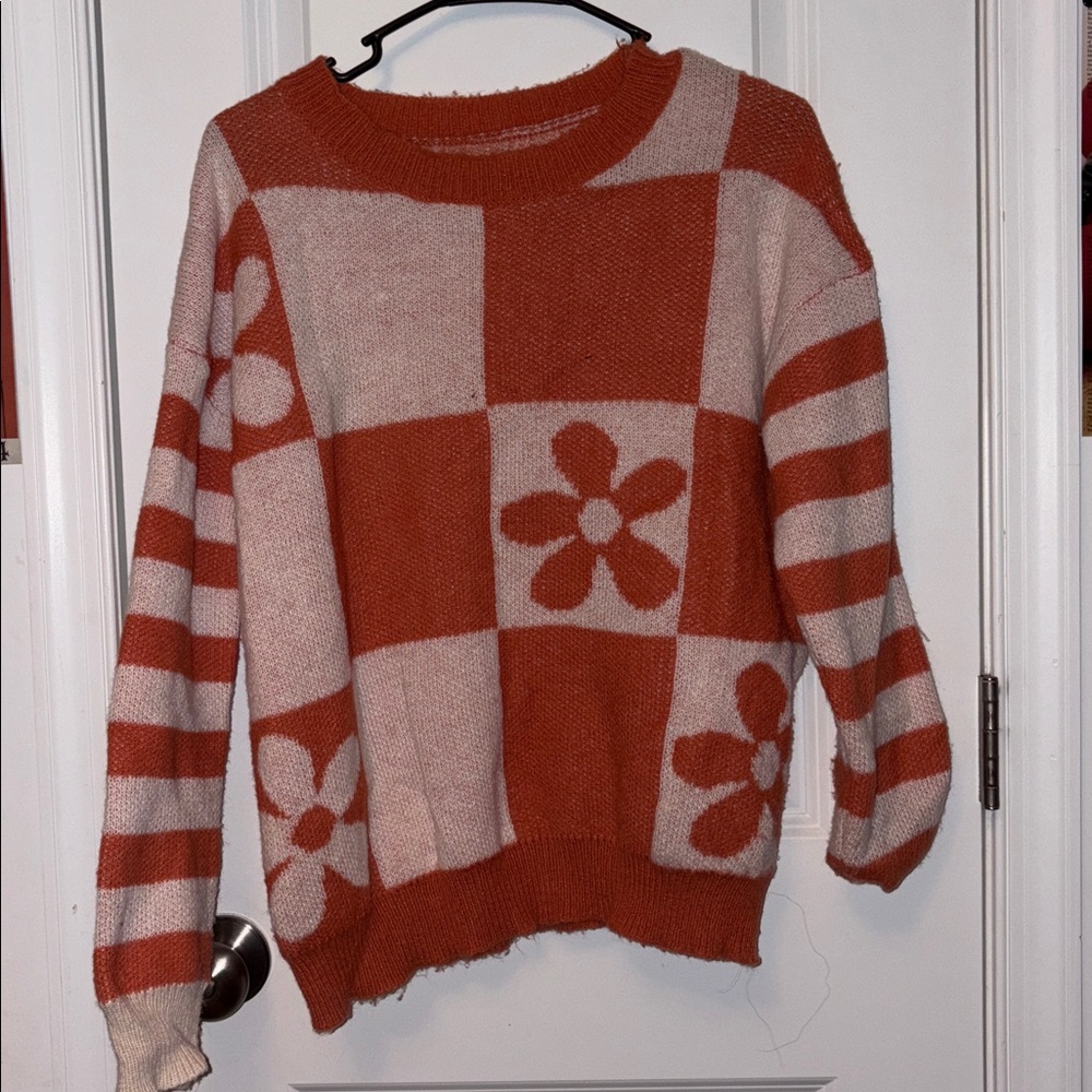 Orange and Cream Checkered Sweater with Floral Design